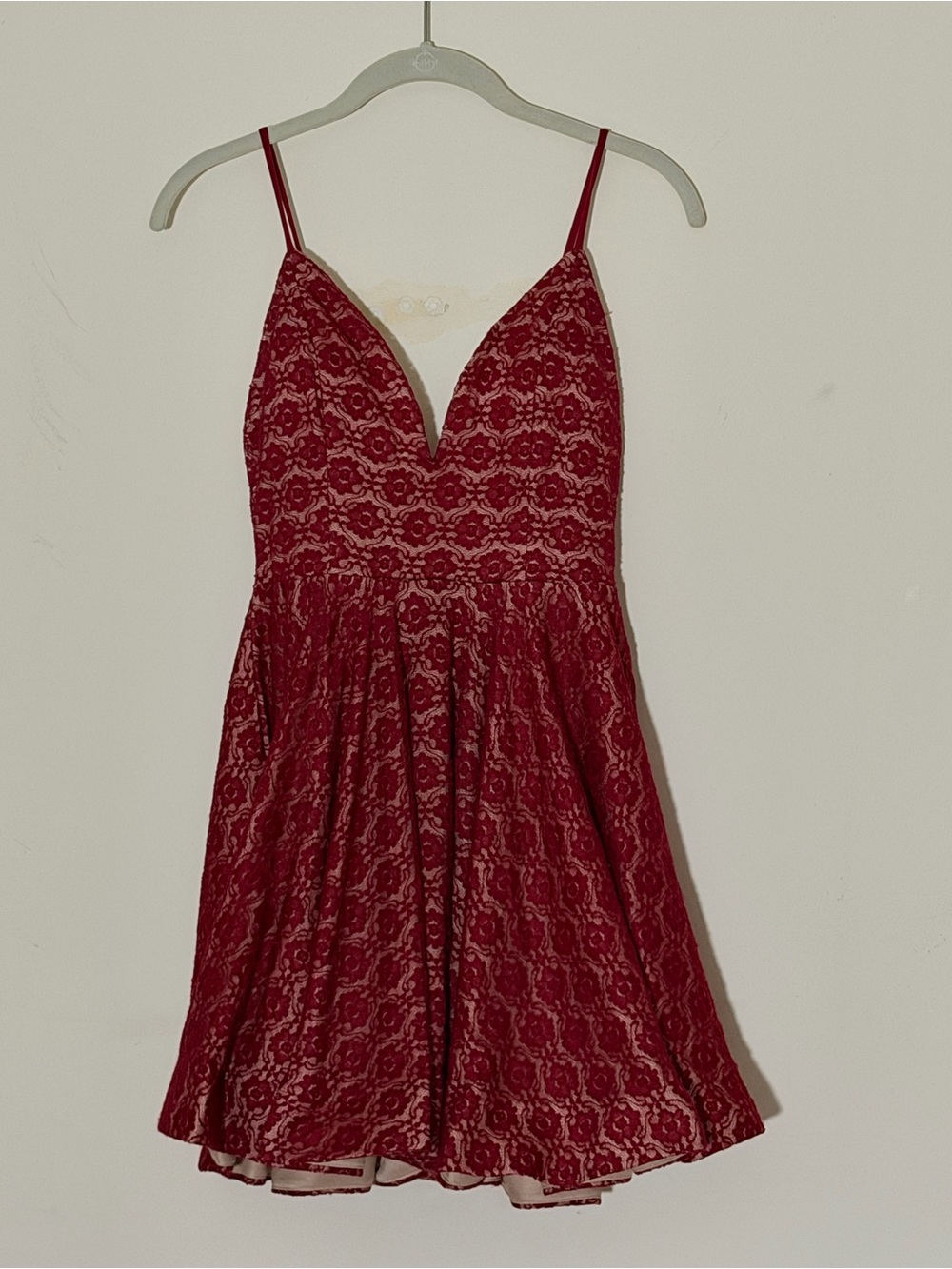Red Lace Fit & Flare Mini Dress Nude Lining Deep V Unbranded